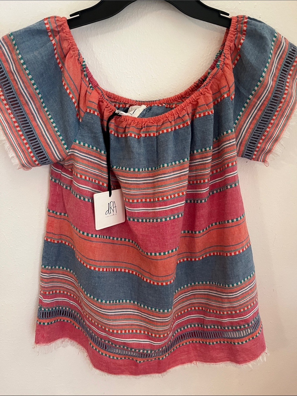 Off-Shoulder Striped Cotton Top in Coral & Denim Blue